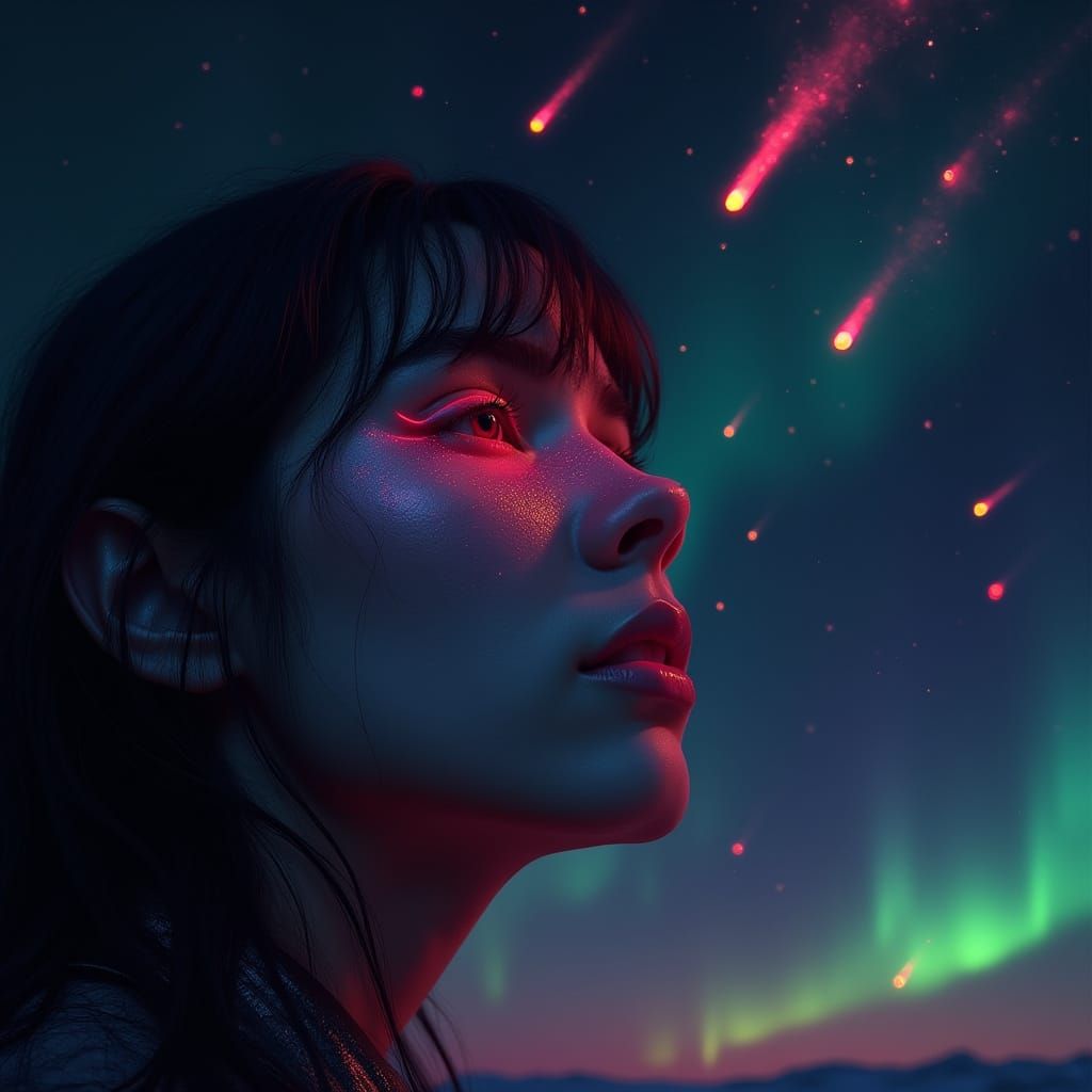 Alien Sky with Australis Borealis and Neon Meteorites in Cyb...