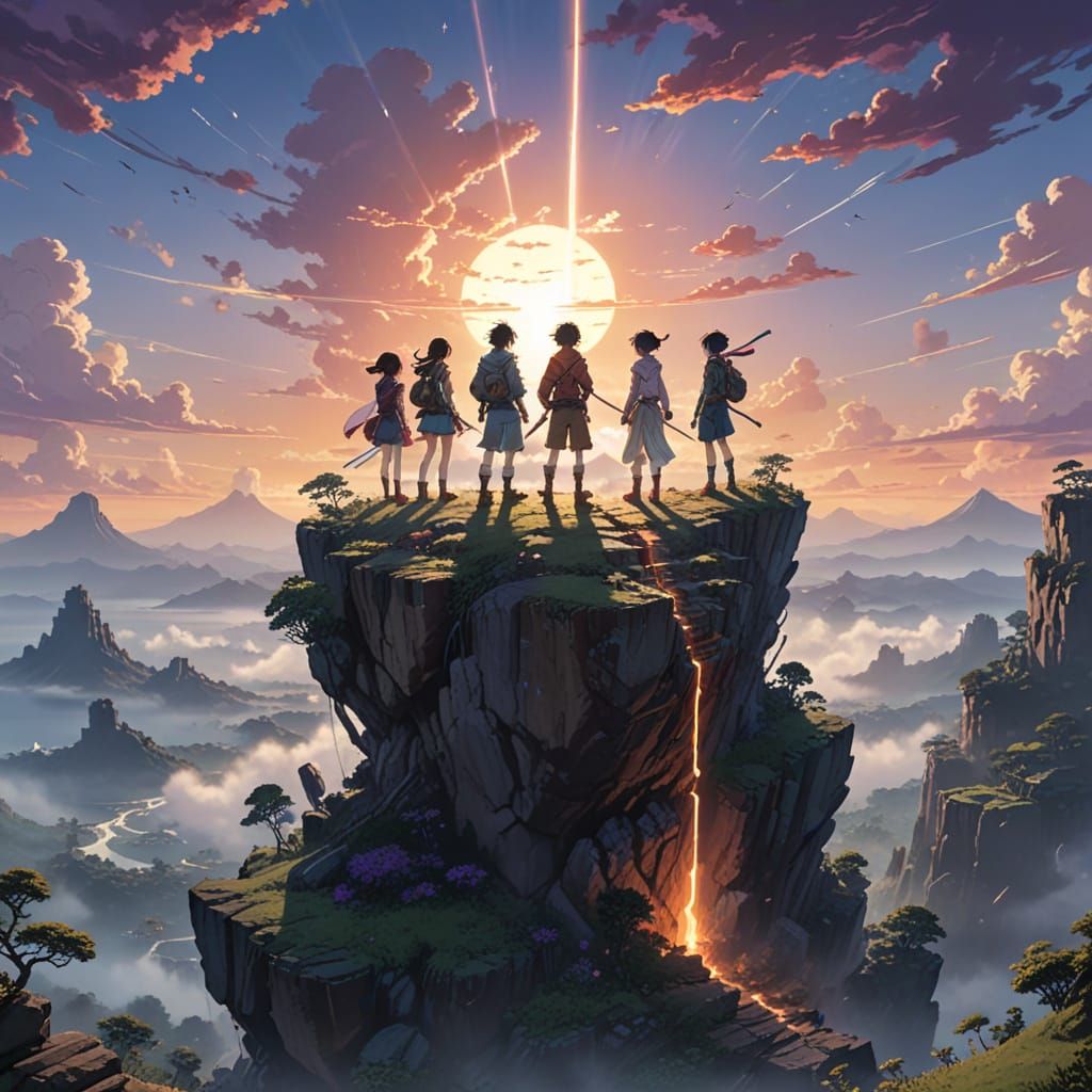 Anime Heroes on Floating Island at Twilight