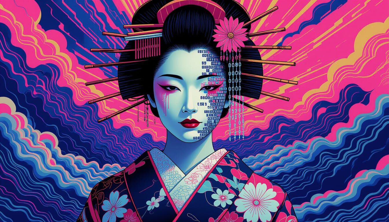 Digital Geisha Dissolving into Static: Vaporwave Art