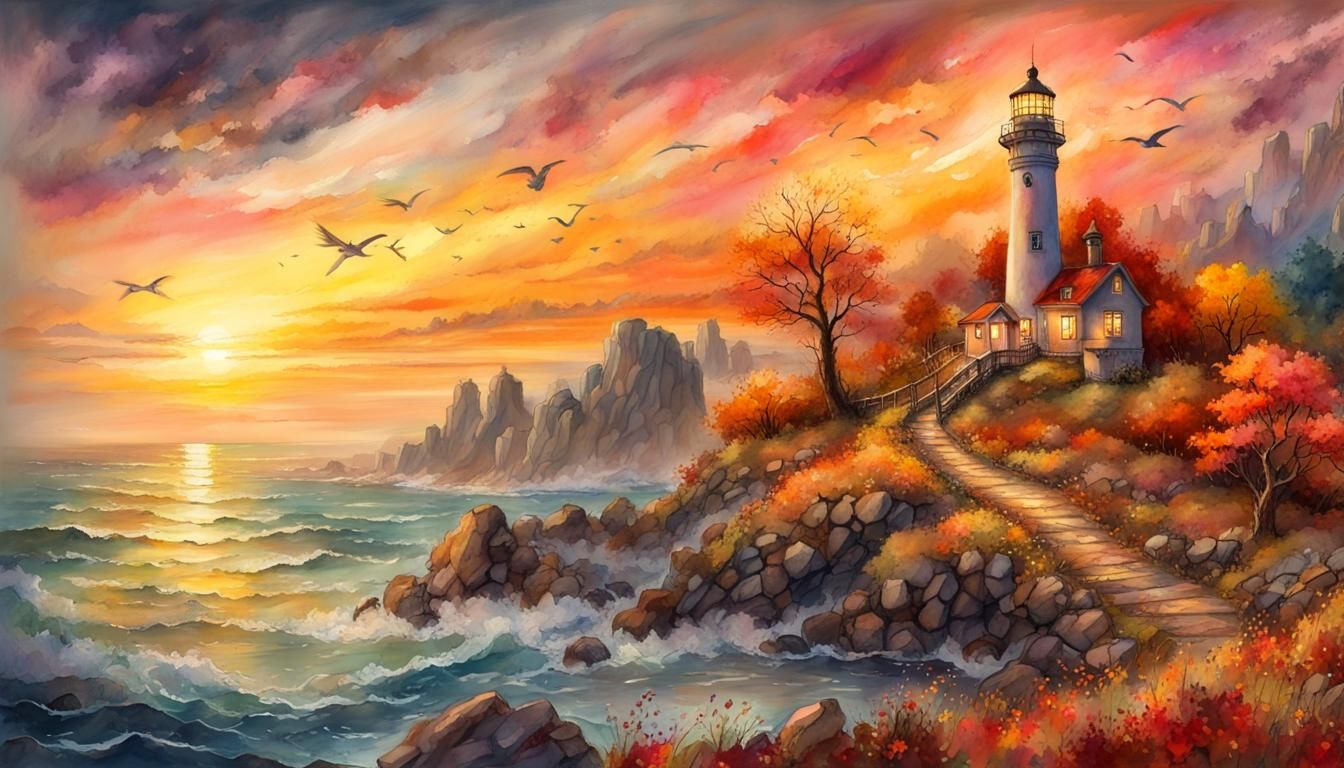 Fantasycore Autumn Lighthouse Sunset Watercolor