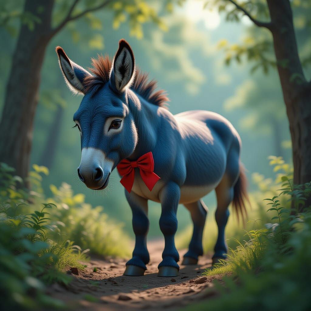 Photorealistic Blue Donkey Mopes in Lush Forest
