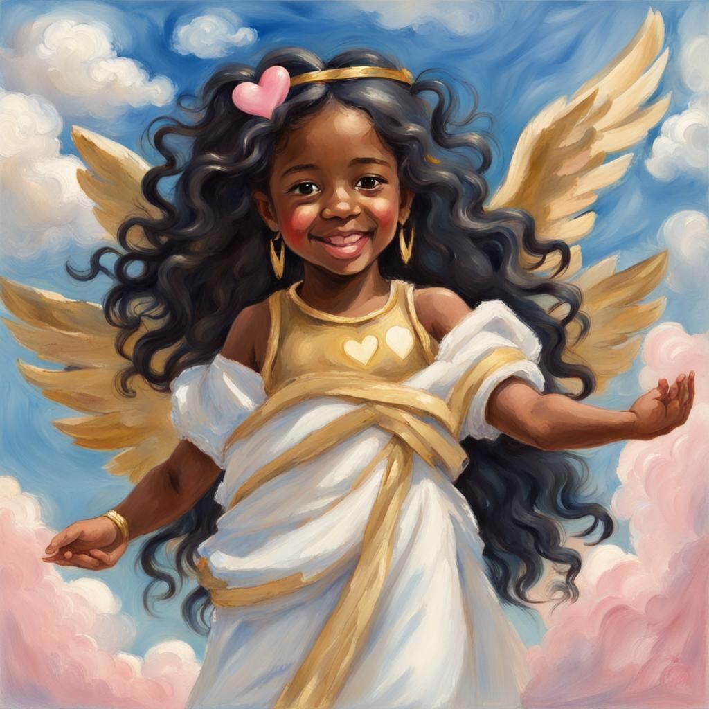 cute little black girl cherub angel with long curly black hair smiling wearing a gold and white toga she is holding a pi...