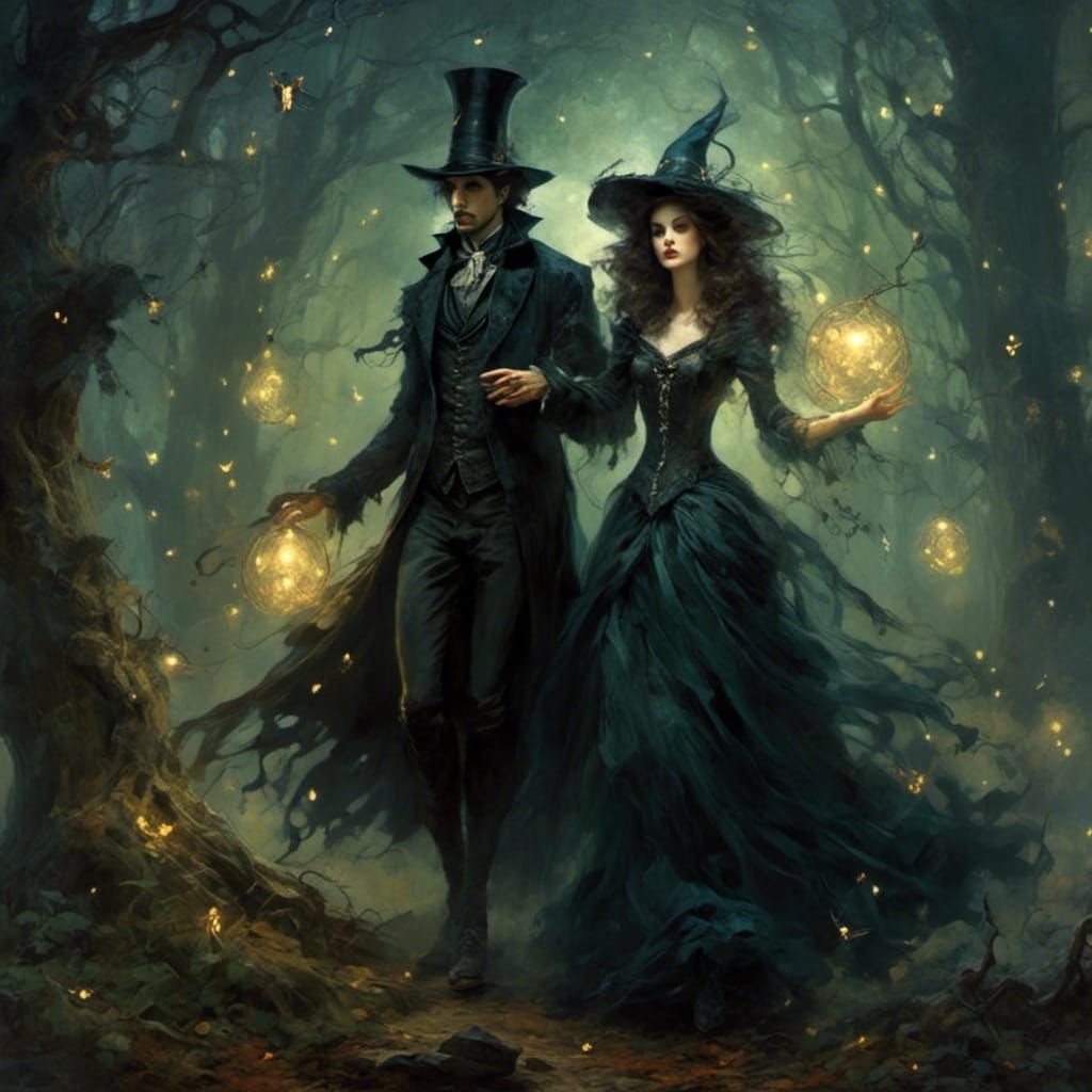 Warlock and Witch in Dark Forest Under Moonlight