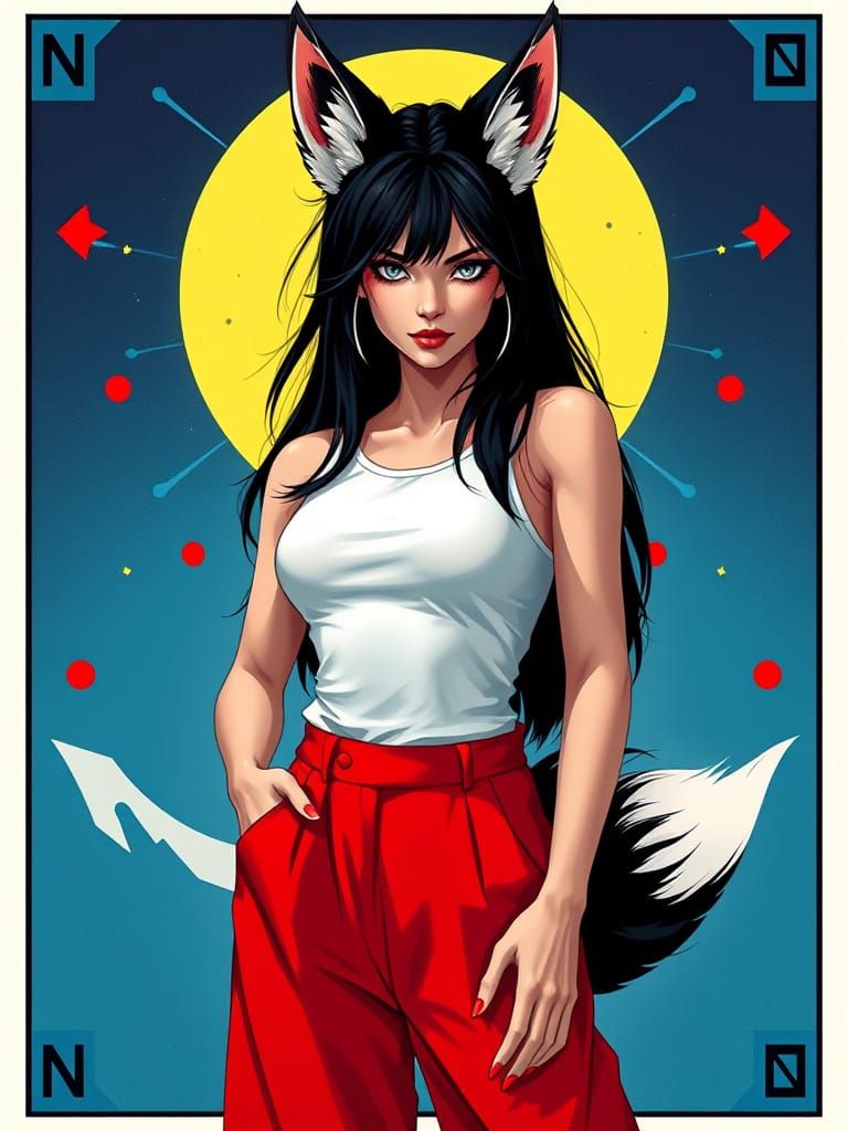 Mystical Kitsune Bard in Bold Bauhaus-Inspired Pop Art