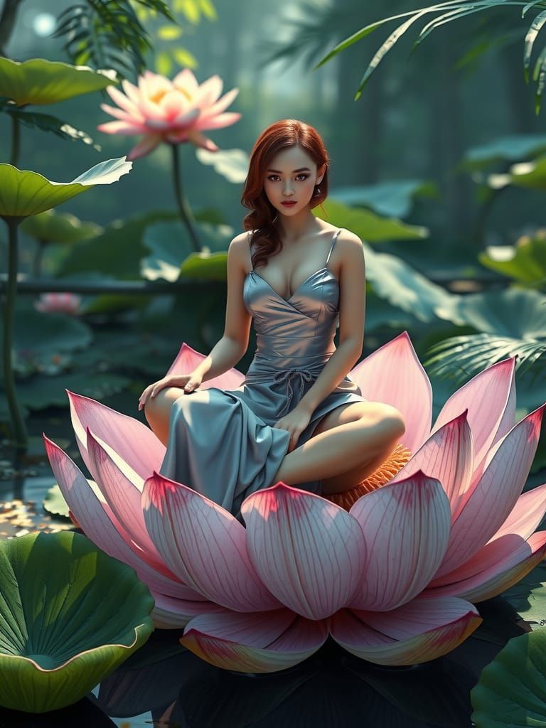 Slavic Goddess on Lotus Throne in Jungle Sanctuary