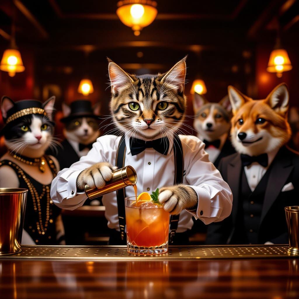 Kitten Bartender in Roaring Twenties Speakeasy
