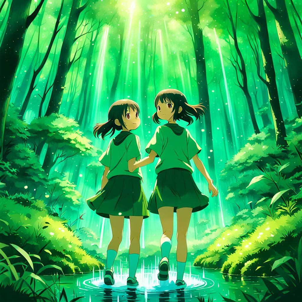 Anime Girls in Forest: Studio Ghibli Style