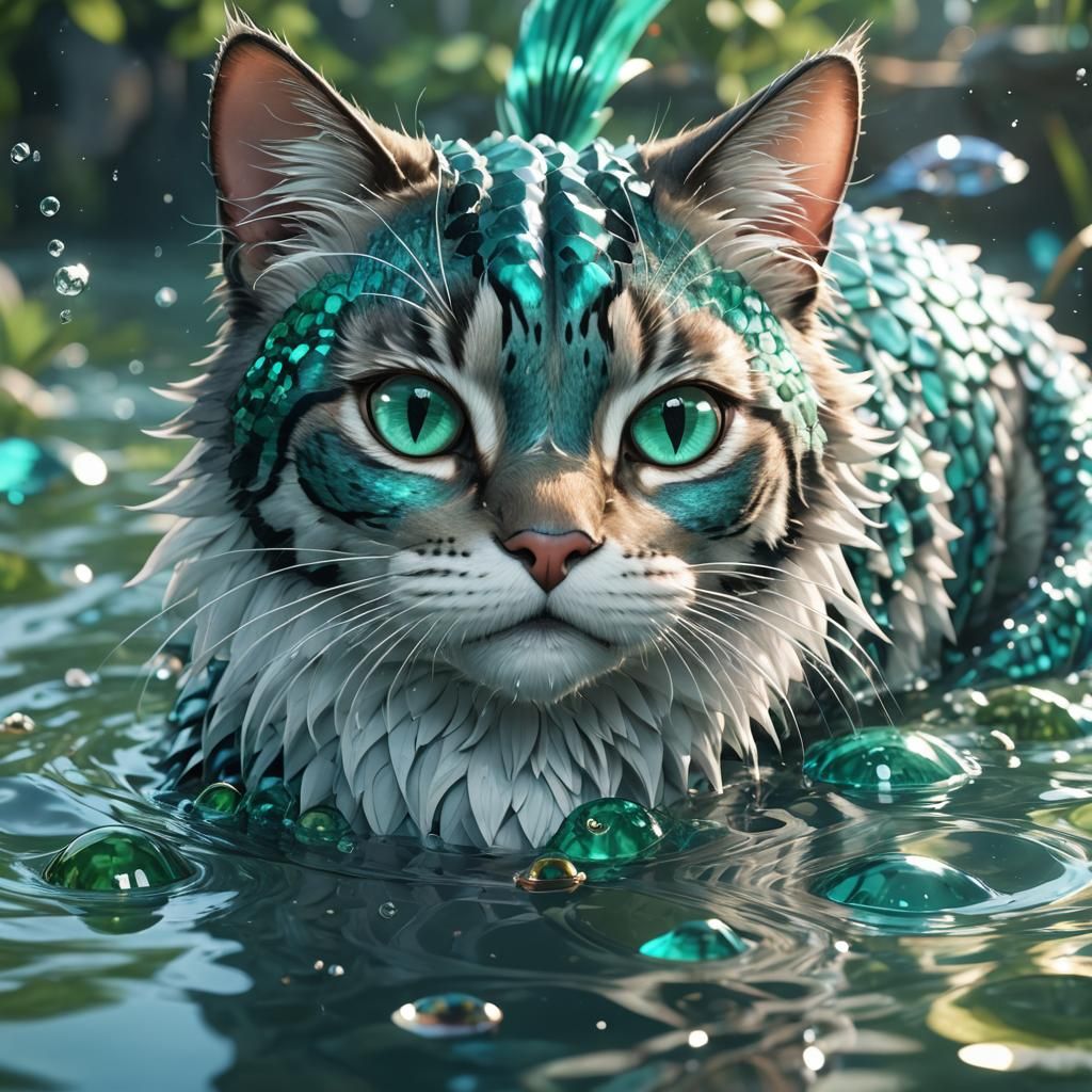 3D Anime Cat Fish in Turquoise and Emerald