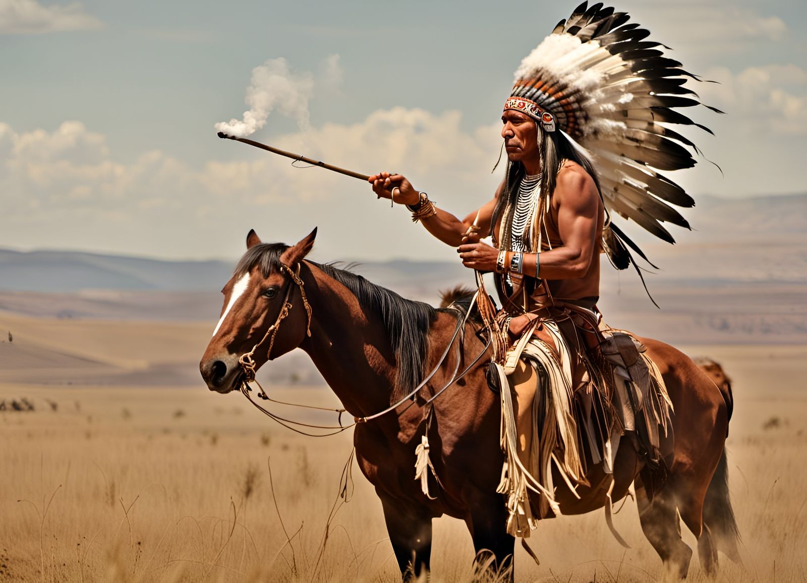Native American Chieftain Smoking Peace Pipe