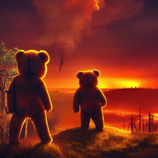 Dystopian Teddy Bears Overlook Wartorn Forest