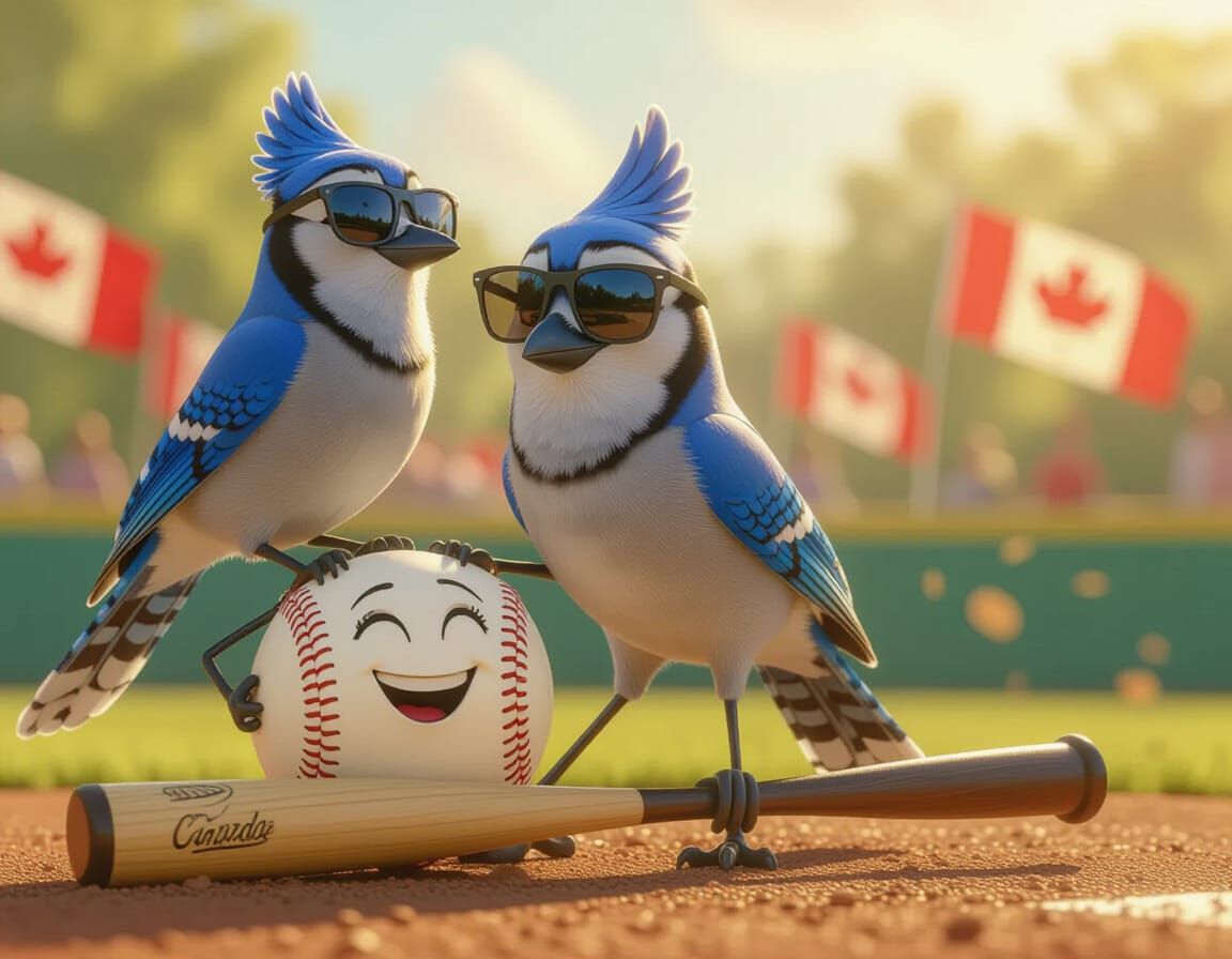 Pixar Style Blue Jay on Smiling Baseball with Bat