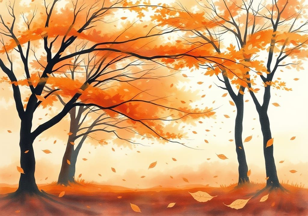 Autumn Wind: Watercolor Painting of Swirling Leaves