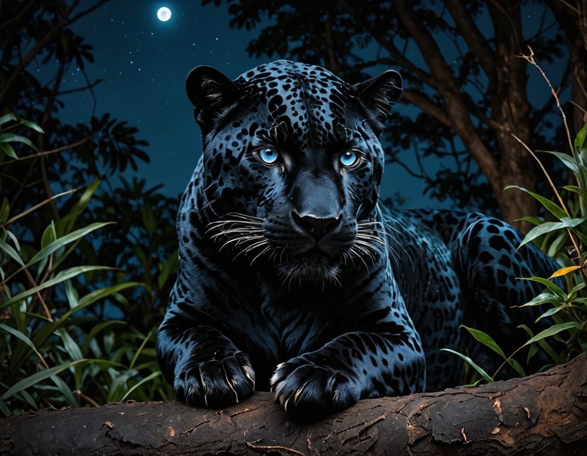 Camouflaged Jaguar with Piercing Blue Eyes at Night