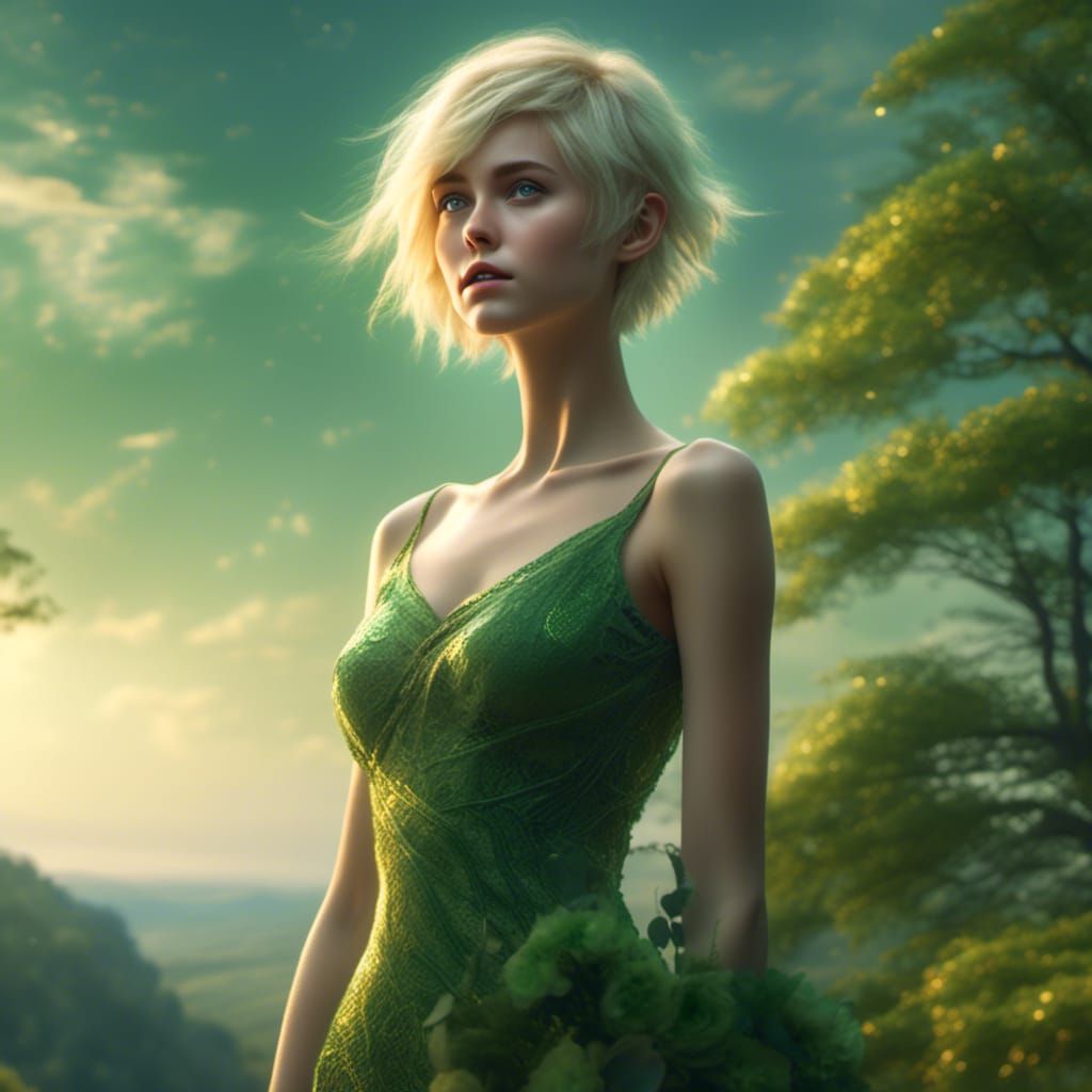 Ethereal Elfin Woman on Wooded Hilltop