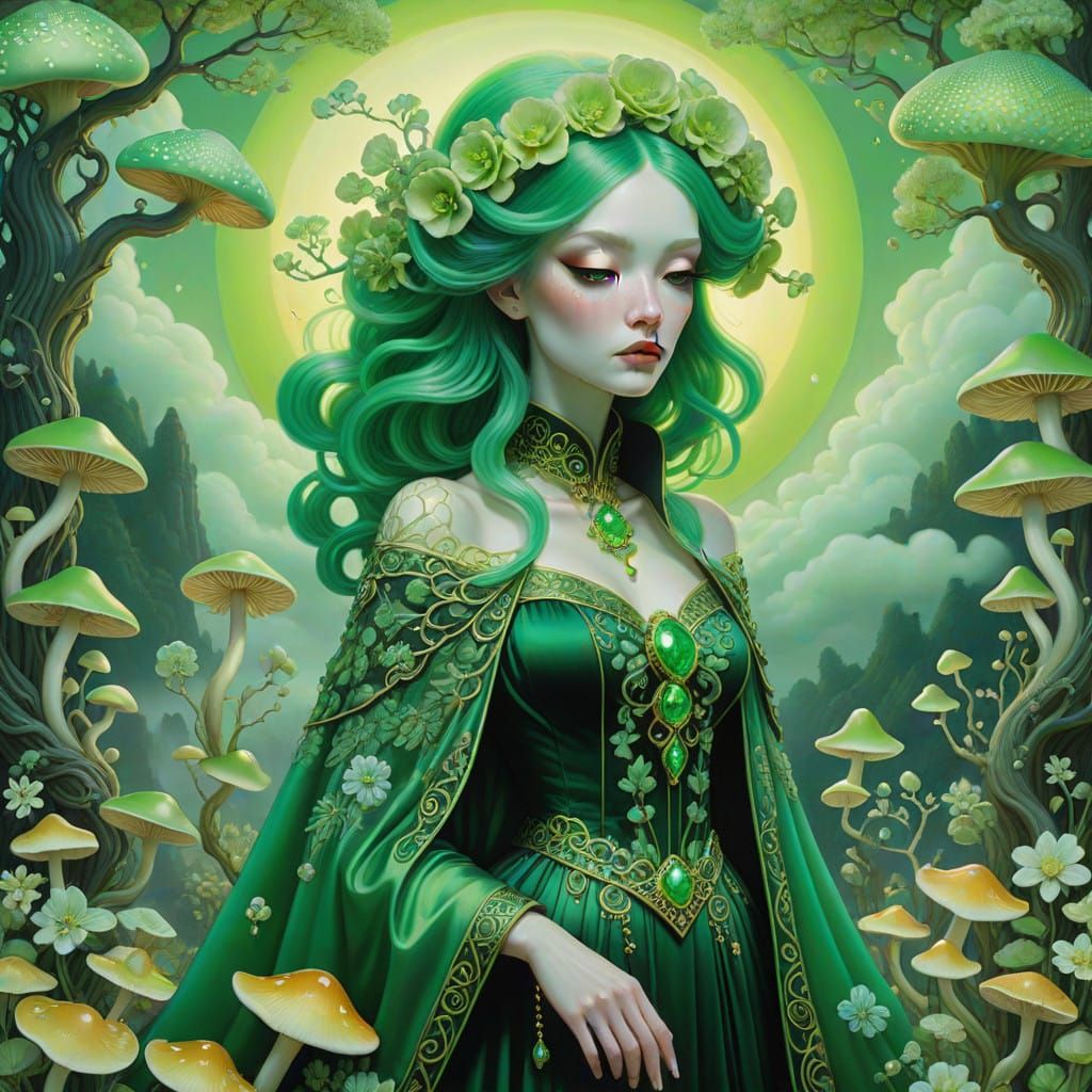 Whimsical Woman Amidst Enchanting Green Dreamscape