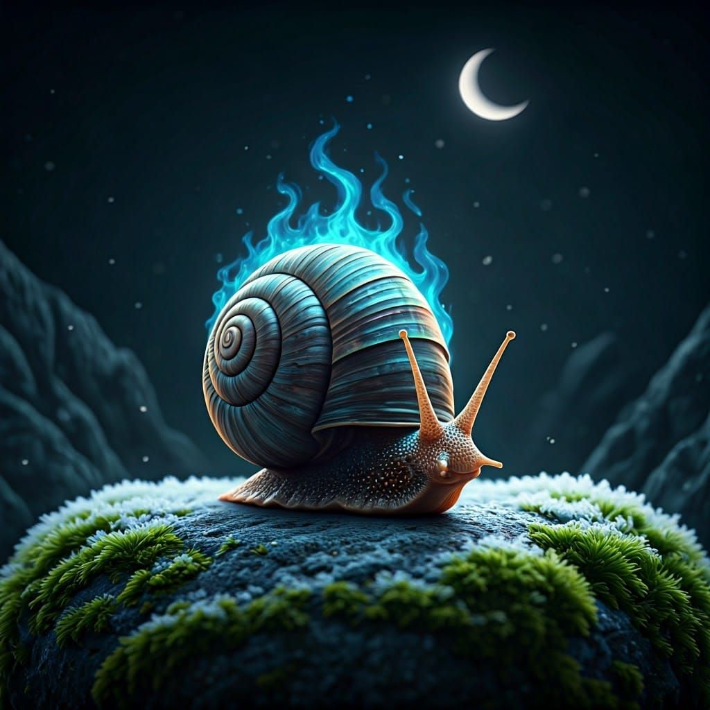 Iridescent Snail on Frosty Stone, Photorealistic Detail