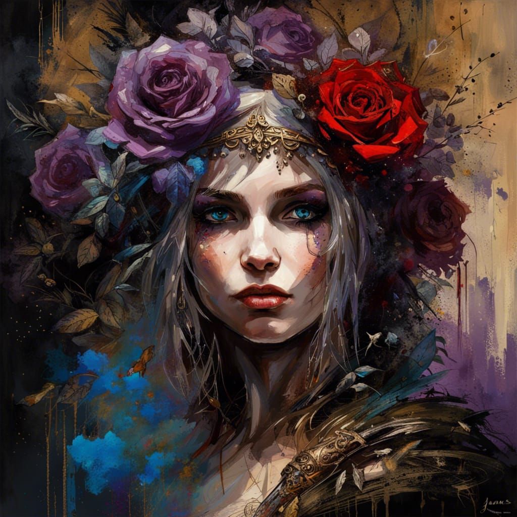 Gothic Fairy Queen with Roses in Sunlight