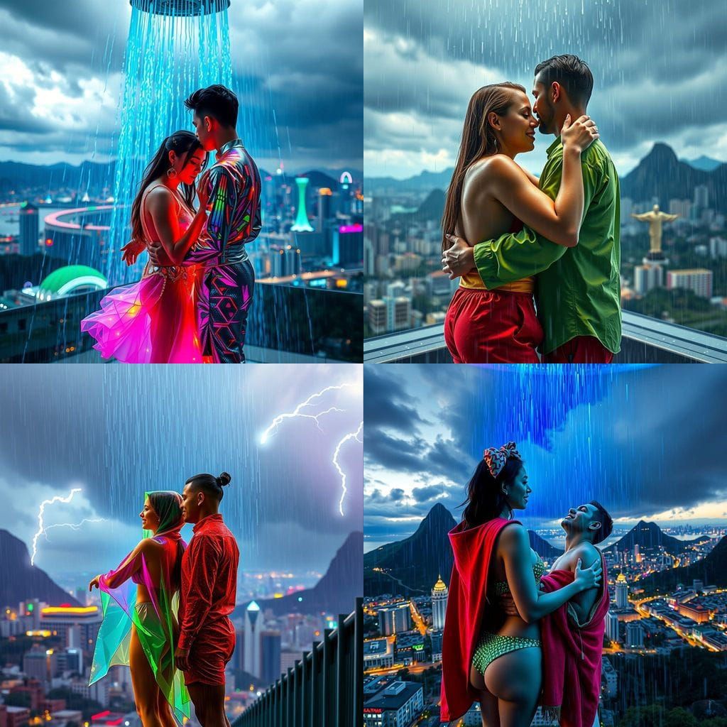 Rainy Rio Nights: Holographic Couple Under Grey Skies