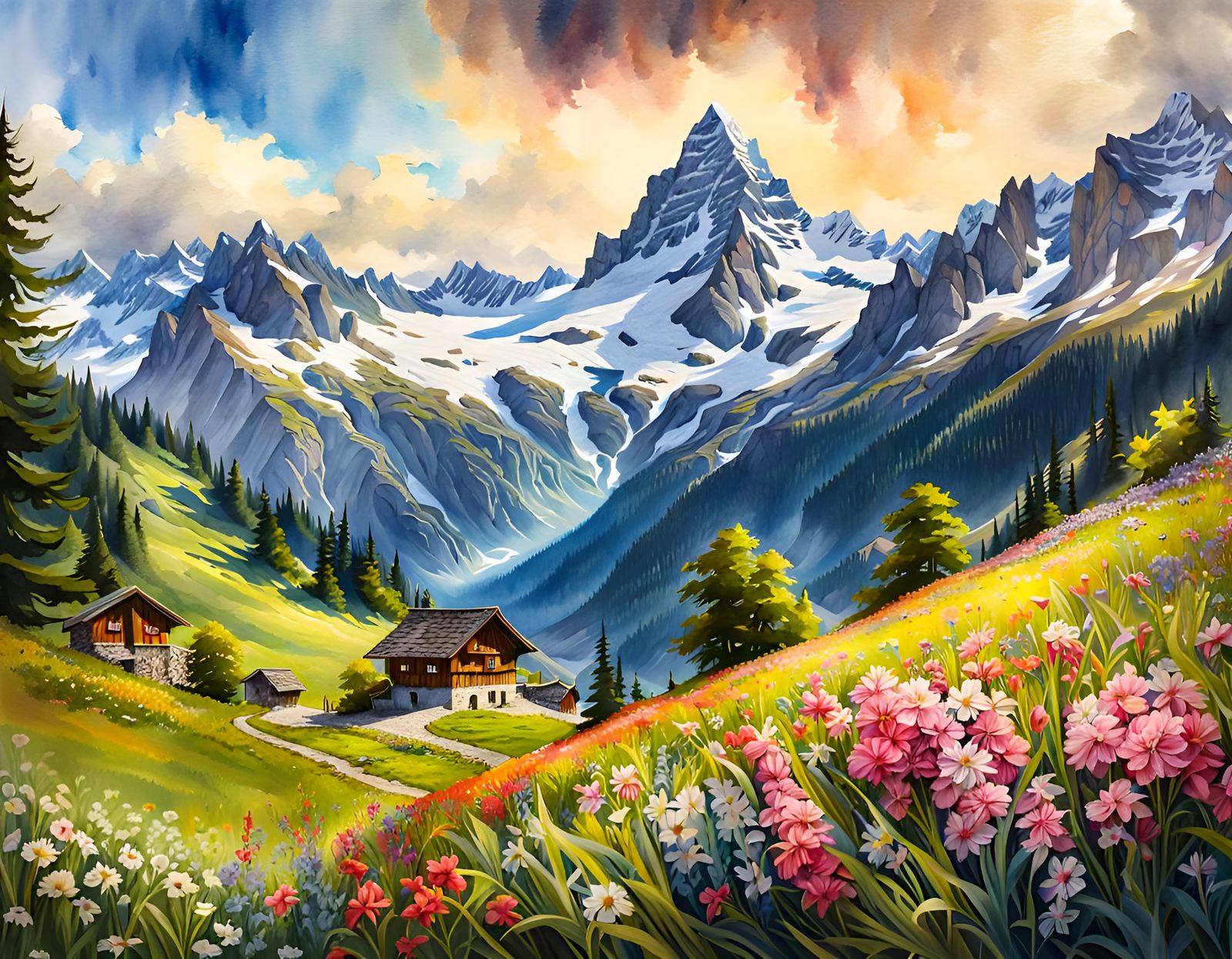 Swiss Alps Landscape Watercolor Painting in Classicism Style