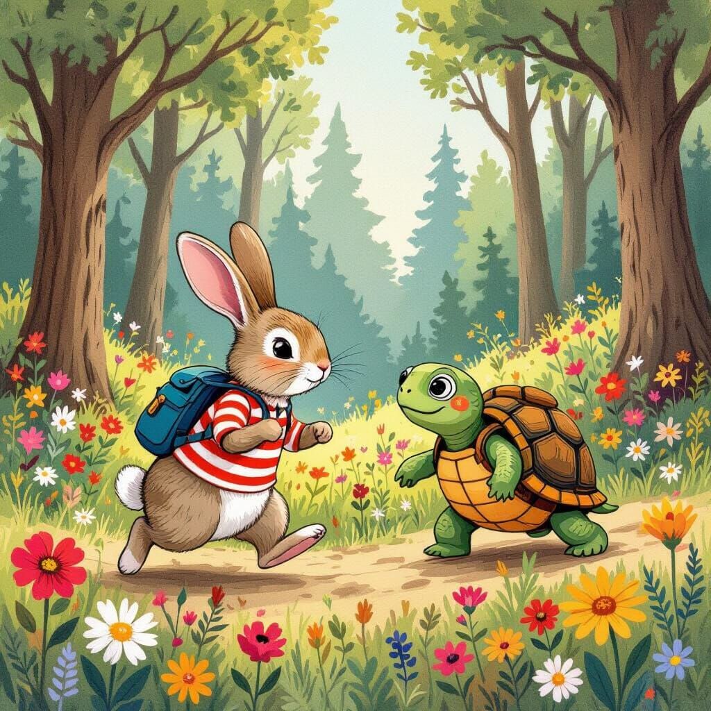 Rabbit and Turtle Race in Storybook Style