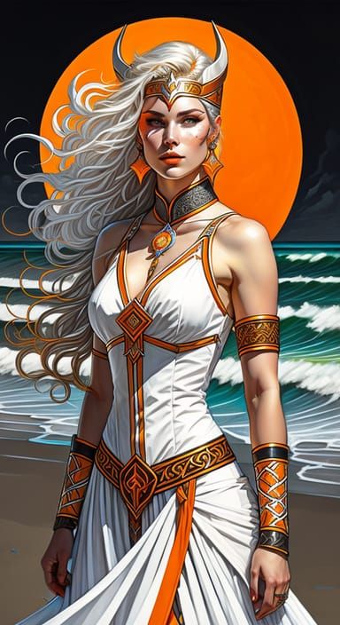 Viking-Visigoth-Woman in a white dress with neon-orange trim...