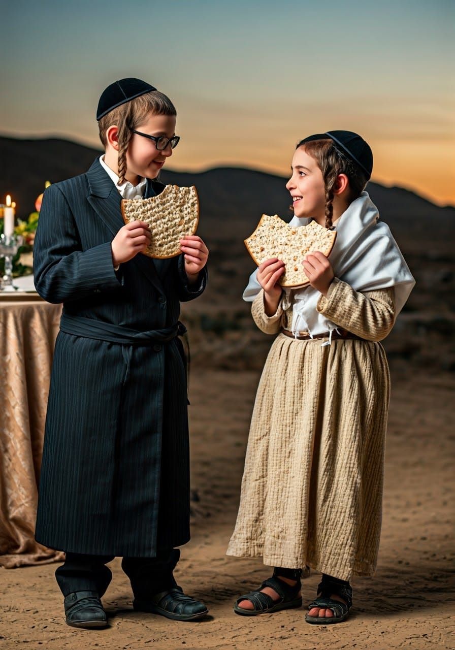 Two Young Hasidic Boys Share a Matzah in a Vibrant Cultural ...