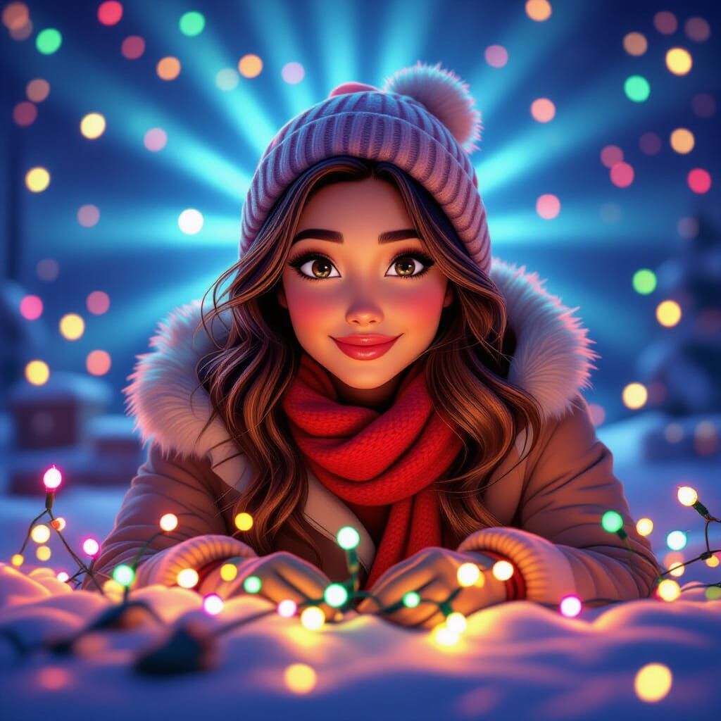 Festive Woman Surrounded by Holiday Lights in 3D