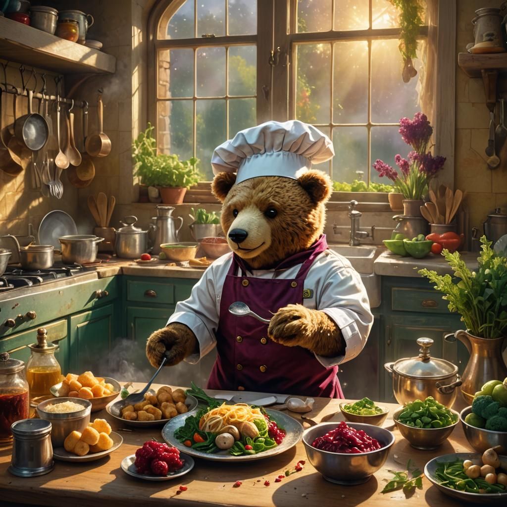 Teddy Bear Chef Adds Garlic in Dreamy Kitchen