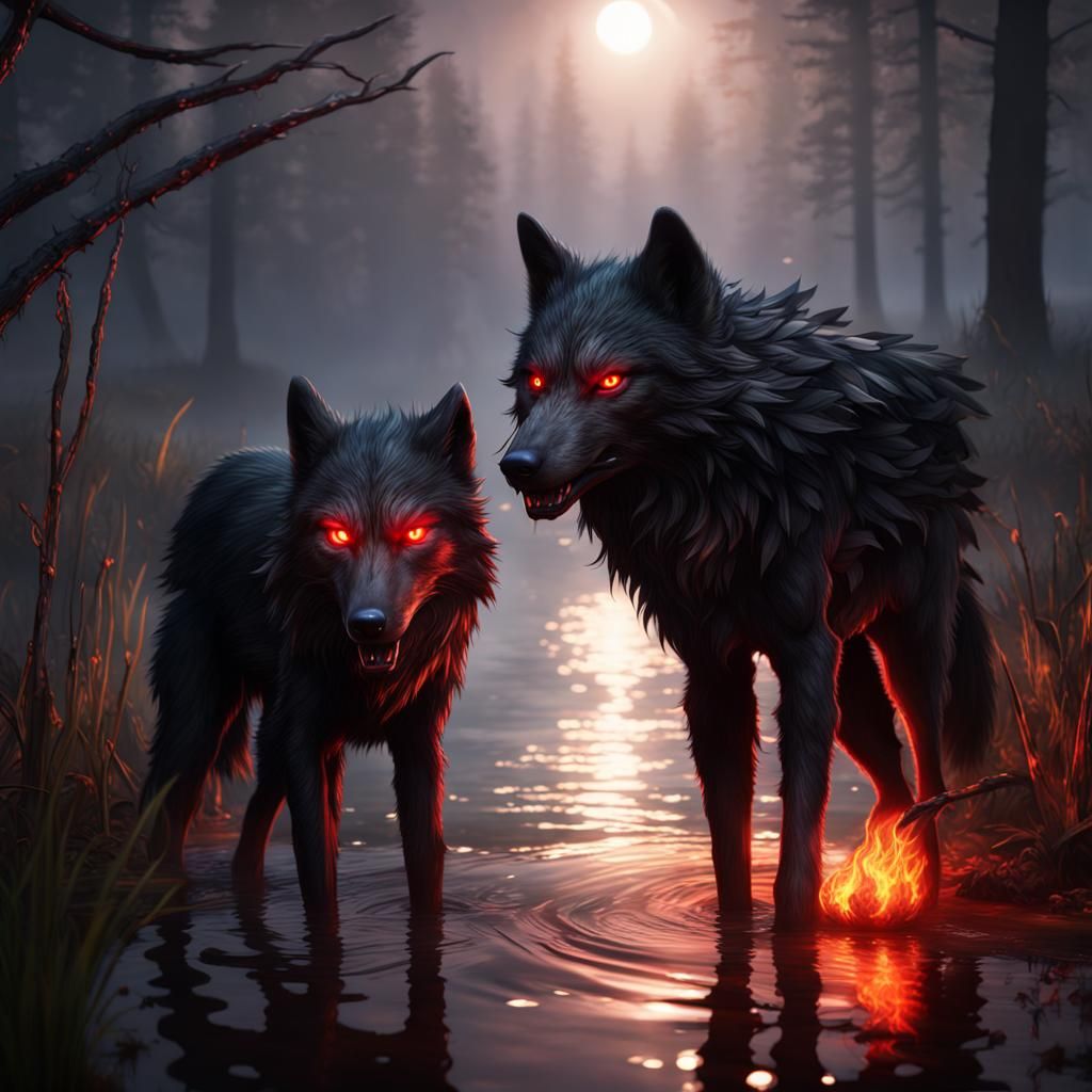 Night Wolf with Burning Red Eyes: Detailed Matte Painting
