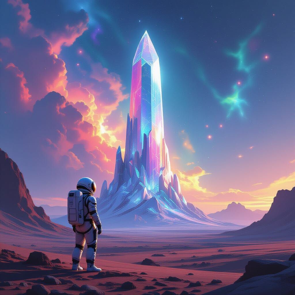 Astronaut Gazes at Crystalline Structure on Alien Planet