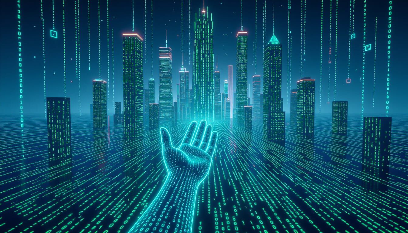 Digital Hand Reaches From Cyber Cityscape Ocean