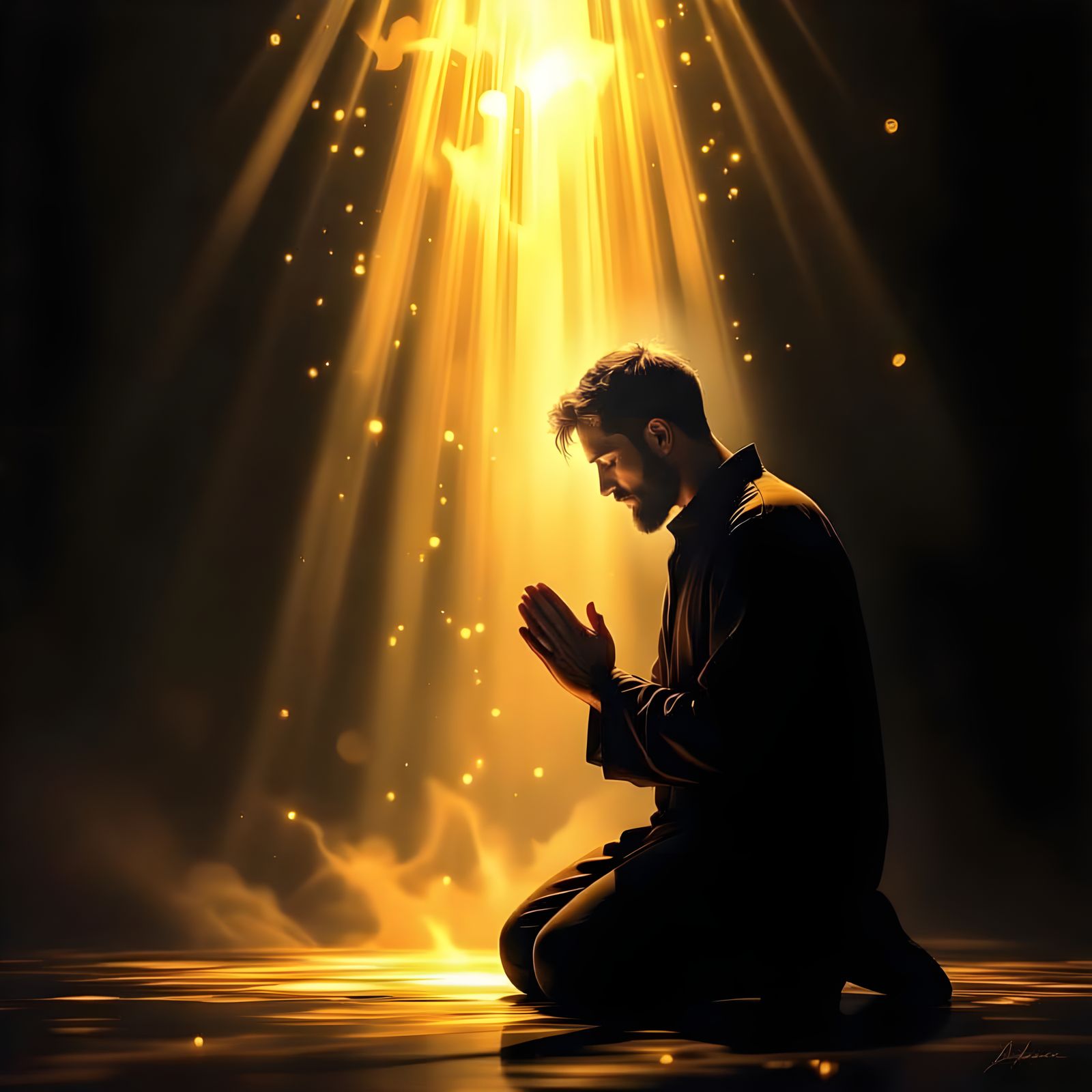 Man in Prayer Bathed in Divine Golden Light