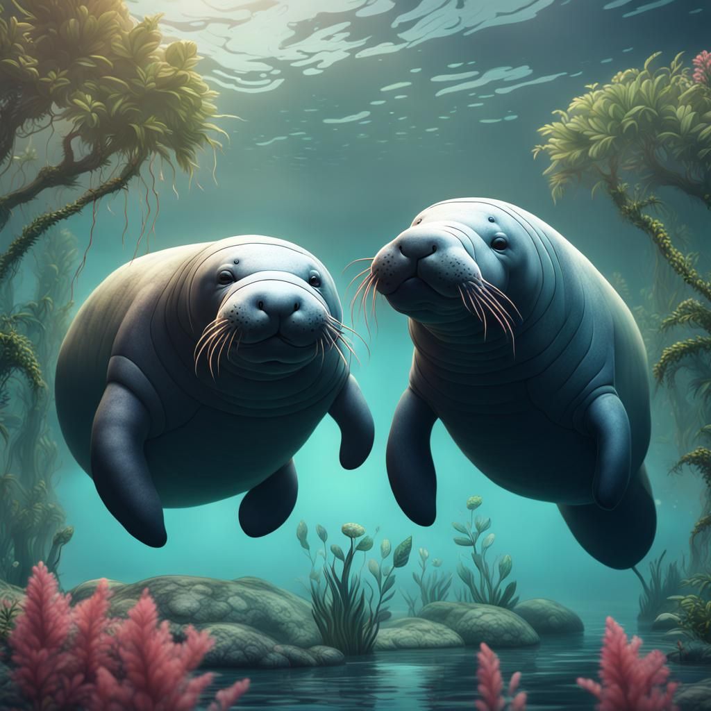 Cute Manatees in Lagoon: Detailed Matte Painting
