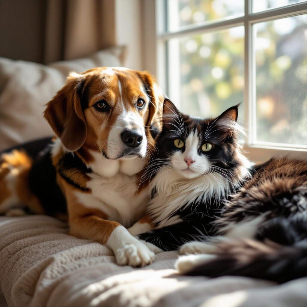 Beagle and Cat Relaxing in Sunlight