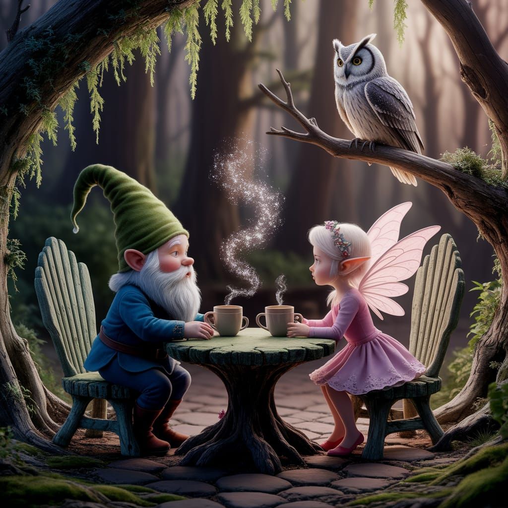 Gnome and Pixie Date in Enchanted Woodland Café