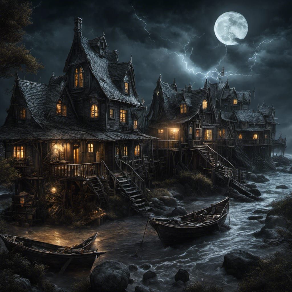 Creepy Gothic Fishing Village in Tim Burton Style