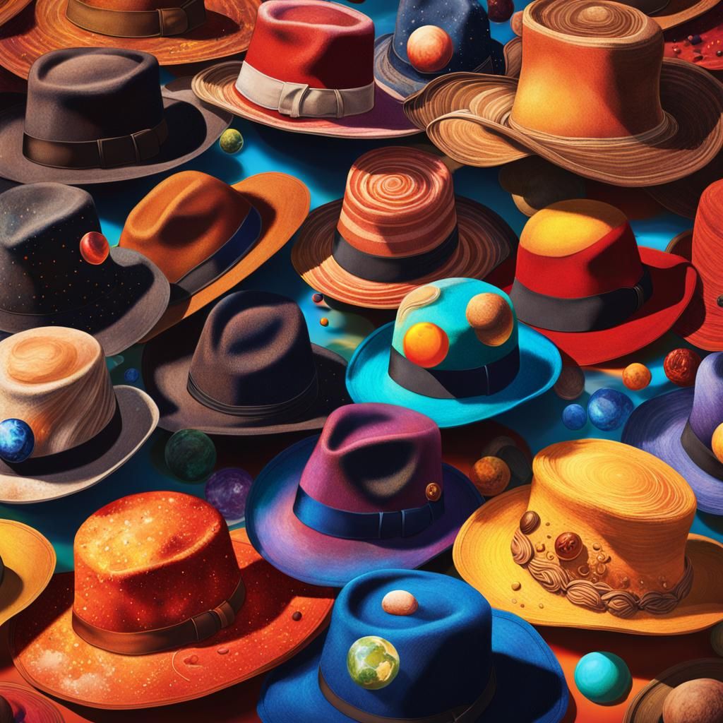 Hats Form a Solar System: Hyperrealistic Splash Art