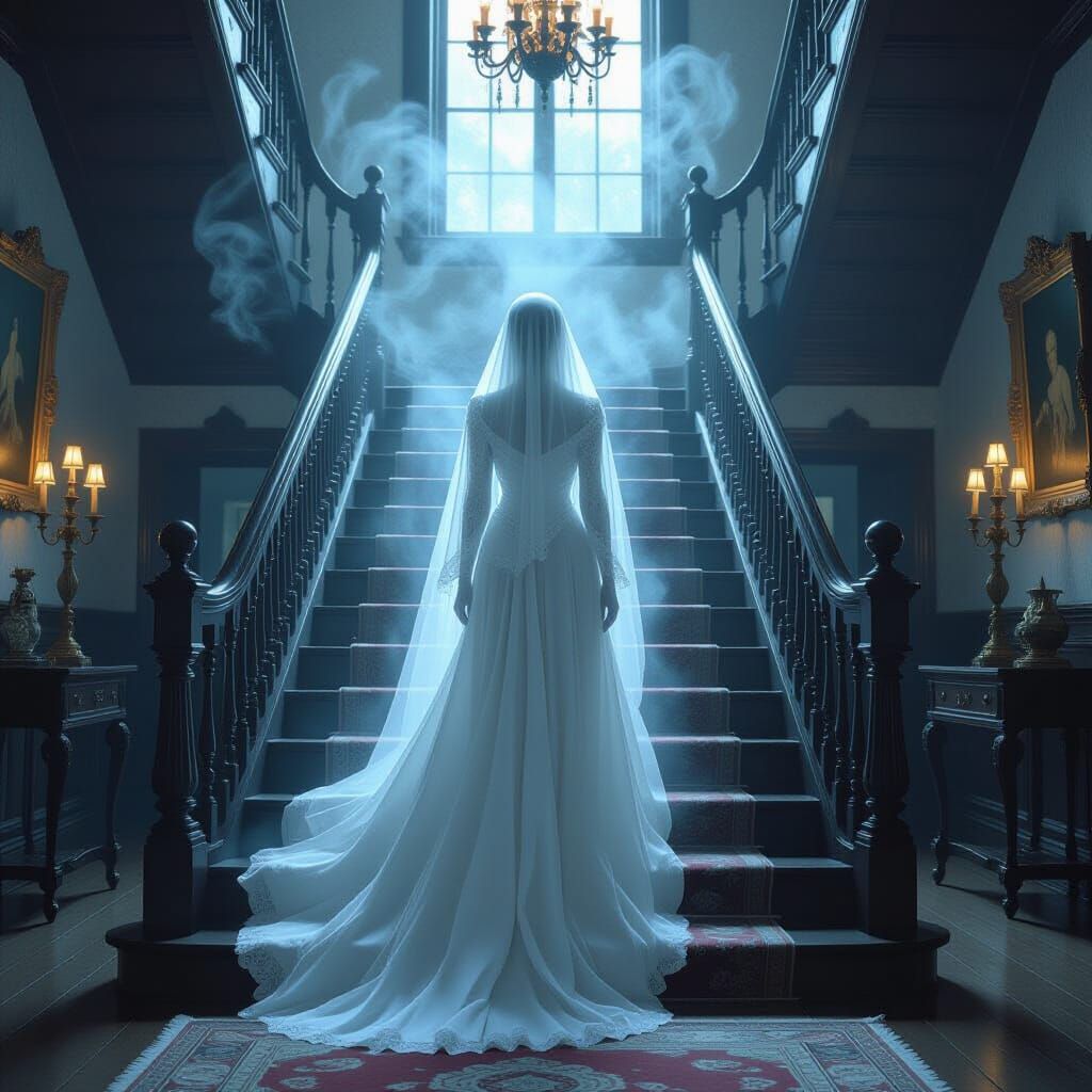 Ethereal Victorian Ghost Woman on Grand Staircase