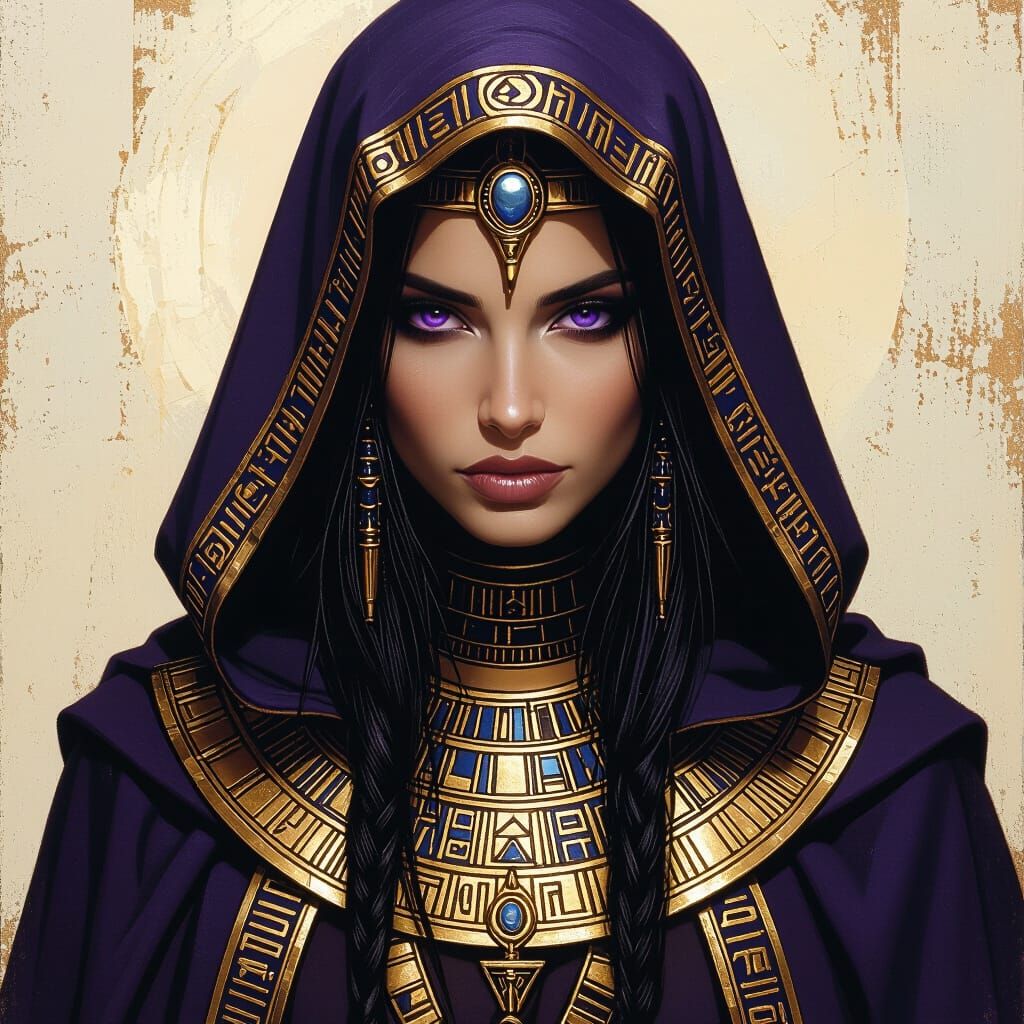 Oil painting an ancient being , close-up portrait of Beautiful priestess, wearing a hooded robe.  Smooth, pale, almost m...