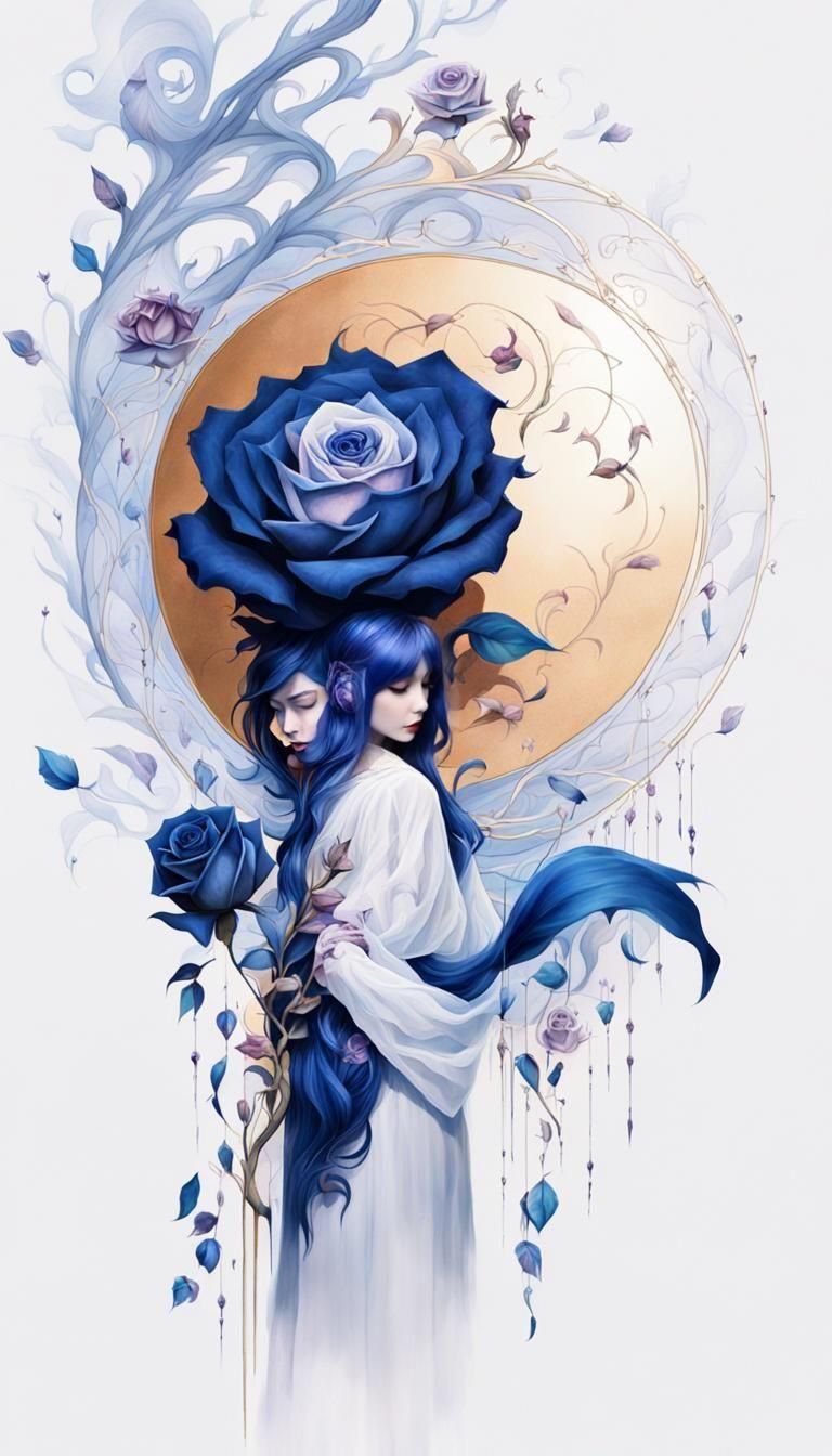 Woman Creates Dark Blue Roses: Digital Art