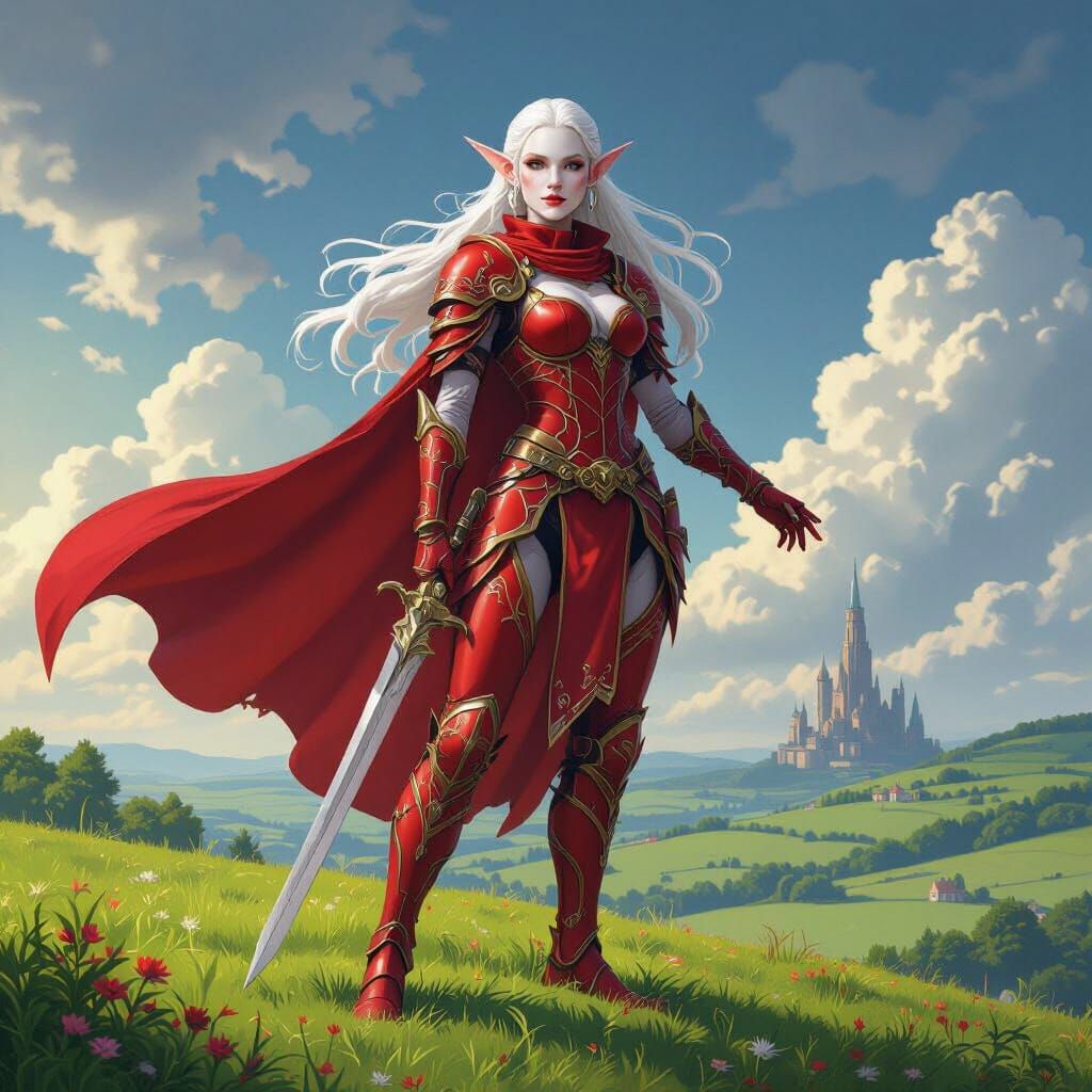 Albino Elf in Red Leather Armor on Hillside