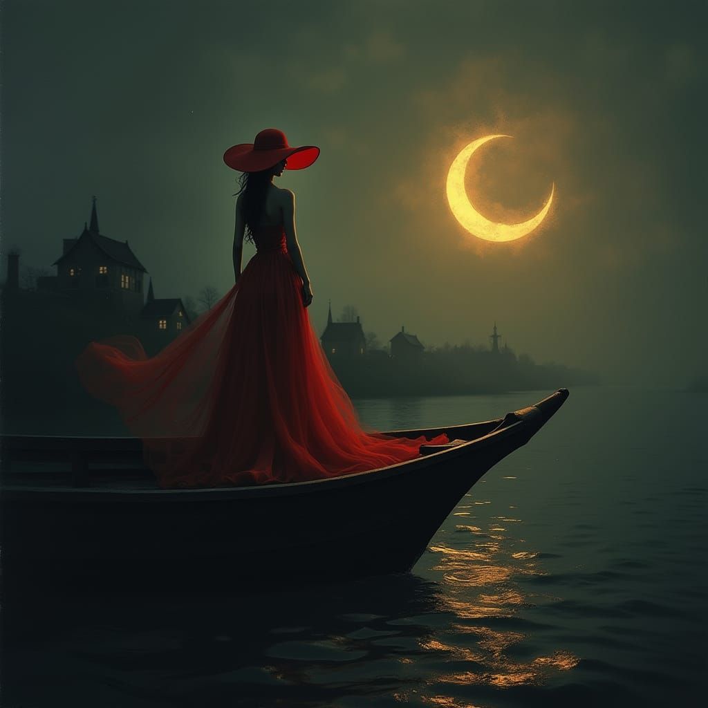 Spectral Ship Under Golden Moon