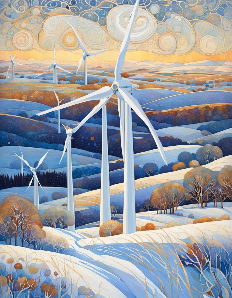 Wind Turbine in Winter Landscape, Golden Period Style