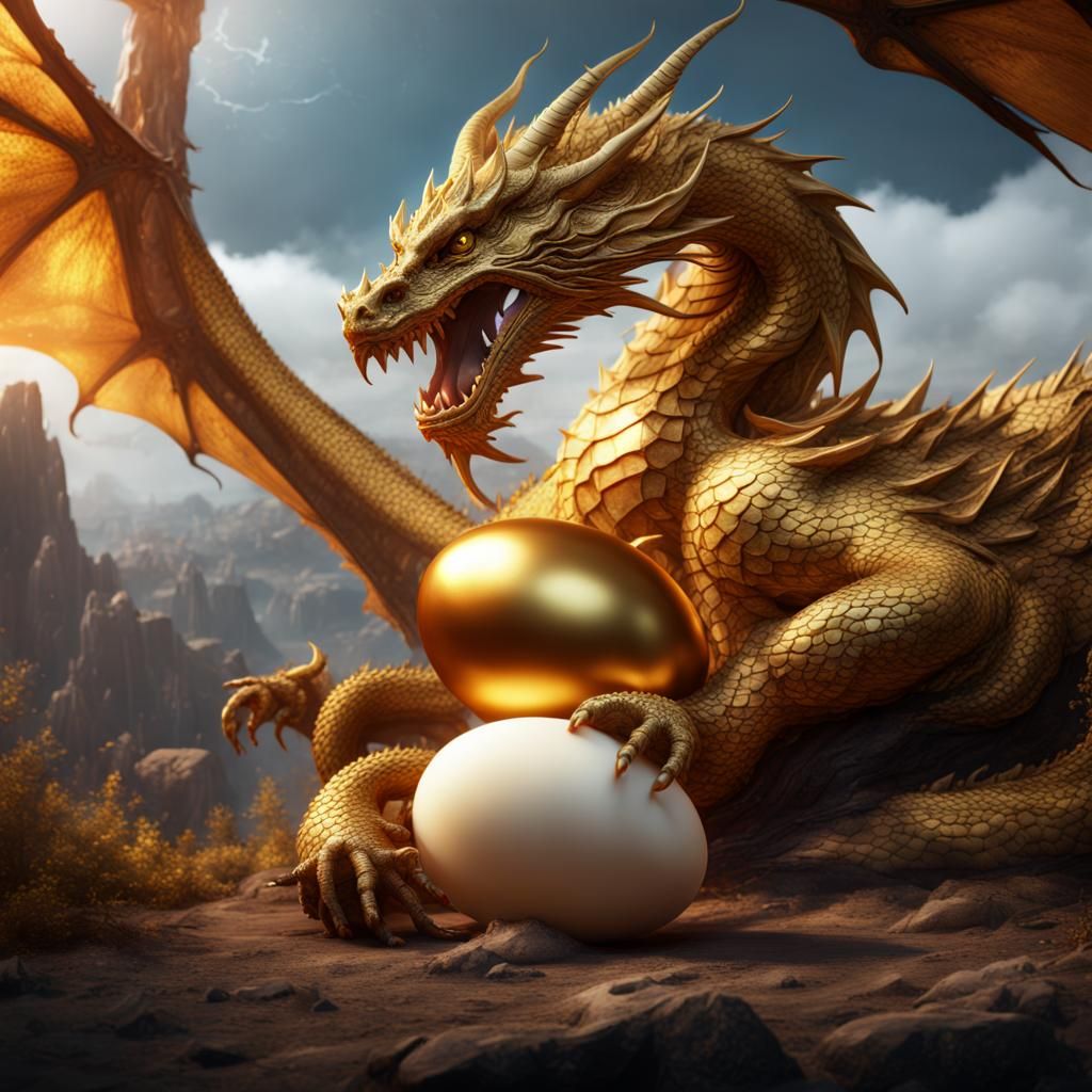 Golden Dragon Lays Massive Egg: Fantasy Concept Art