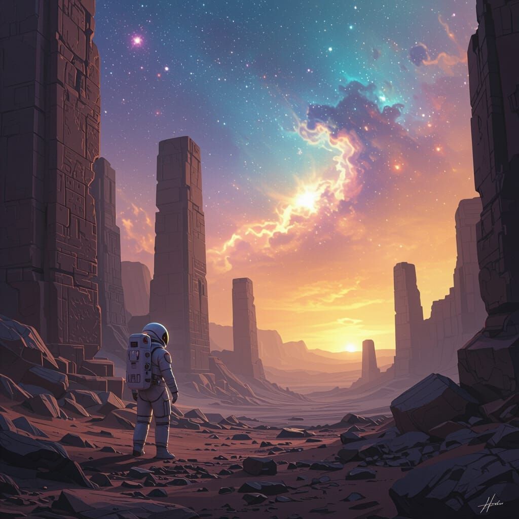 Astronaut Explores Ancient Ruins in Vibrant Nebula