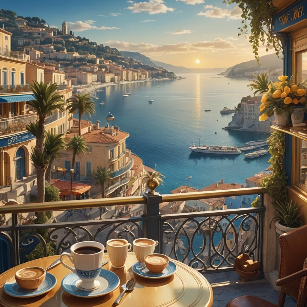 Cozy Cafe Overlooking French Riviera in Art Deco Style