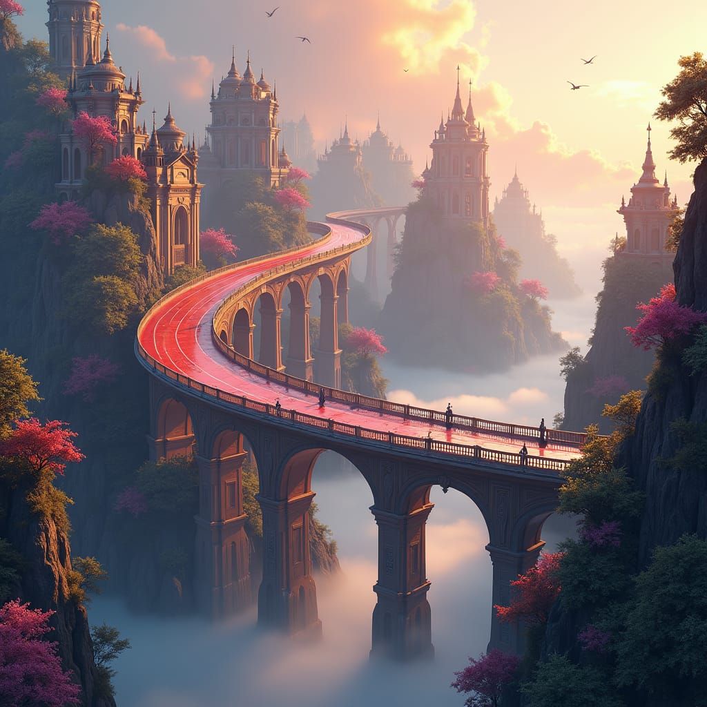 Dreamlike Flyover in Mystical Cityscape