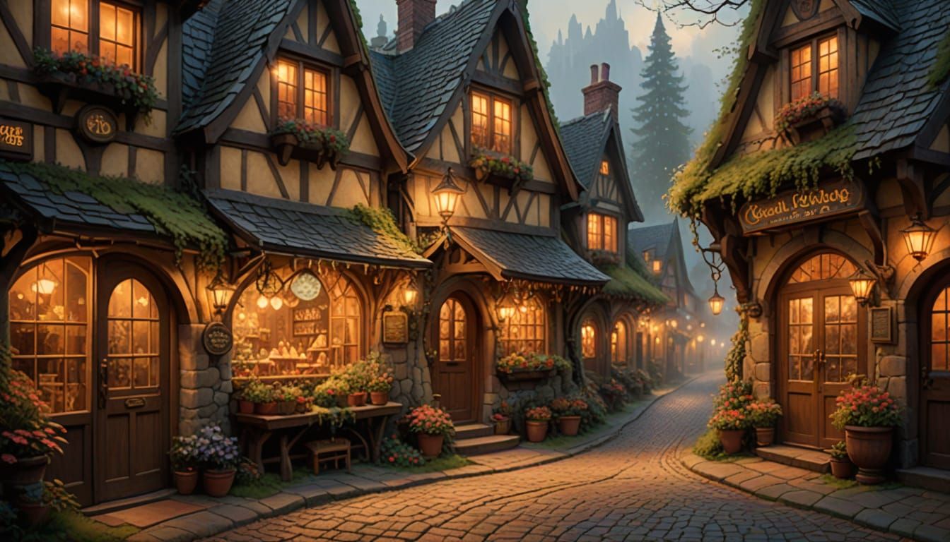 Hobbiton Thrift Storefront in Oil Painting Style