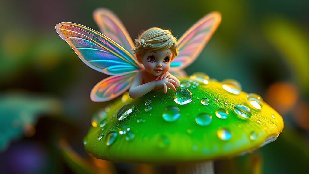 Iridescent Fairy on Emerald Mushroom in Hyperrealism