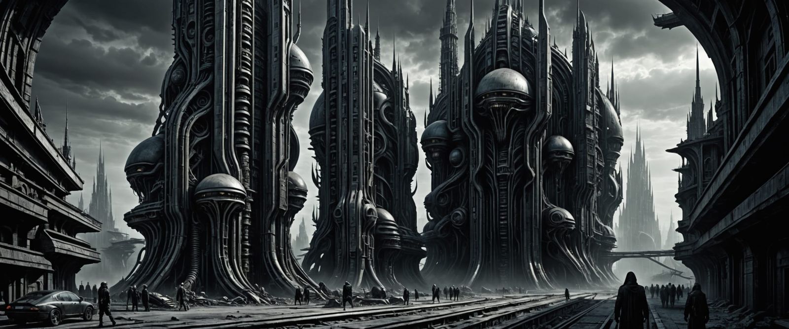 Ethereal Alien Metropolis in Dark Monochromatic Hues